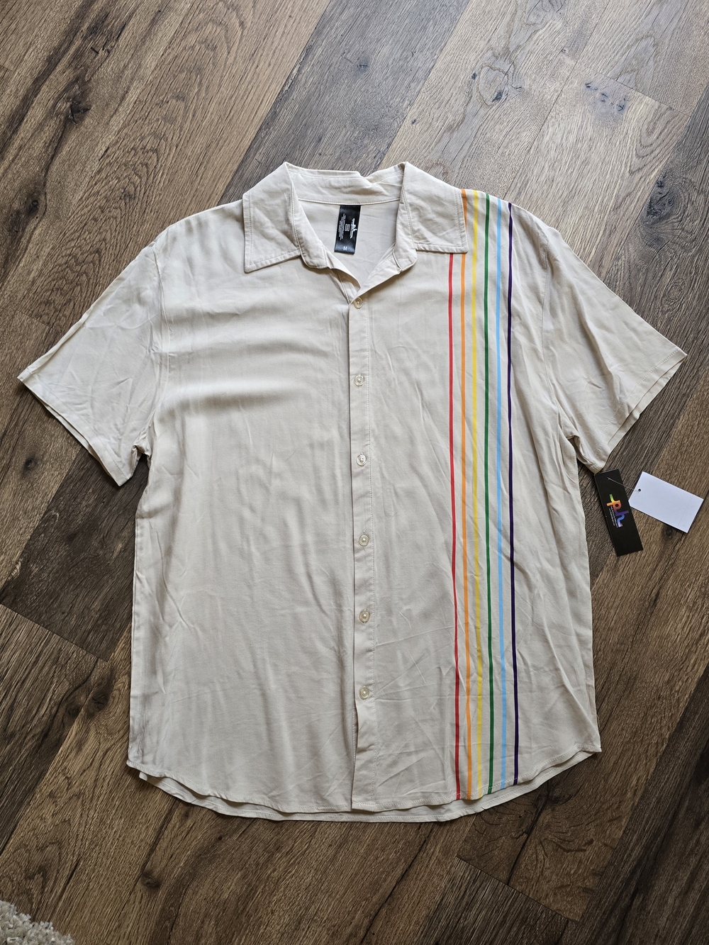 NWT The Phluid Project Cream Button-Up Shirt with Rainbow Stripes